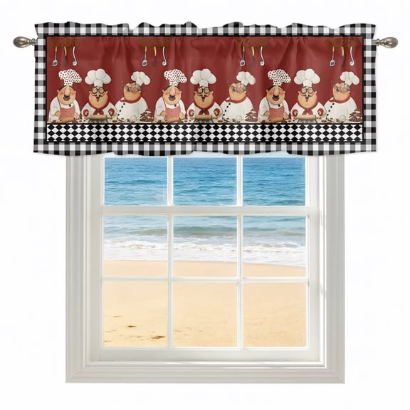 Black Cooking Chefs Valances for Windows, Rod Pocket Kitchen Valance Curtains - Soft & Washable Small Window Treatment for Living Room, Bathroom, Funny Cooker Checked Plaid 42x12inch, 1 Panel
