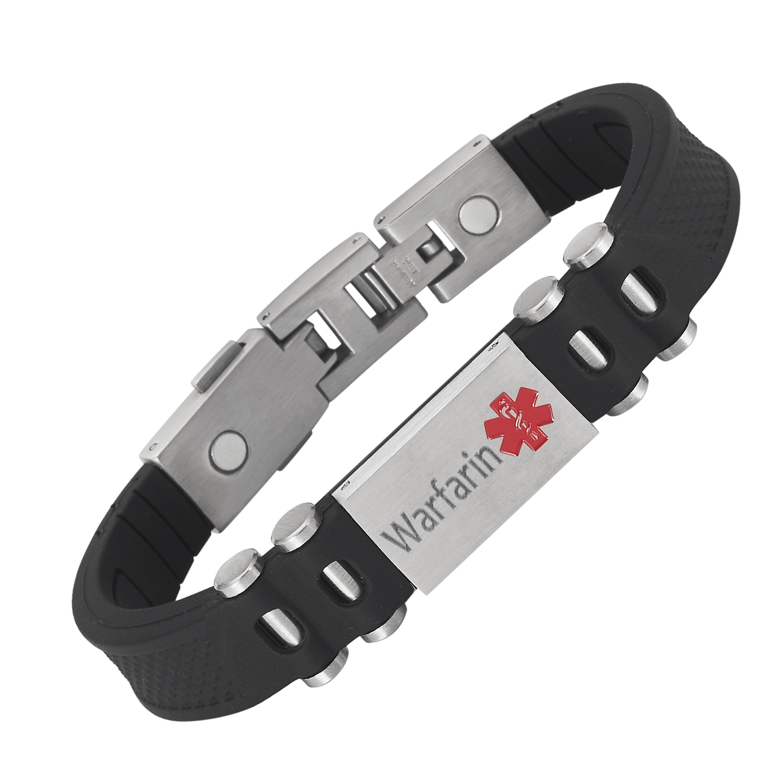 Black Cool Silicone Medical Alert Bracelet for Men, Engraved Warfarin, with 2 Jewelry
