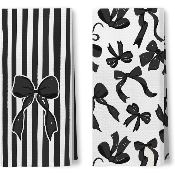 Black Coquette Bow Kitchen Towels, Black and White Striped Ribbon Bow Hand Towels for Bathroom, Preppy Girly Dish Tea Towel for Kitchen Decor, 16x24 Inch Set of 2