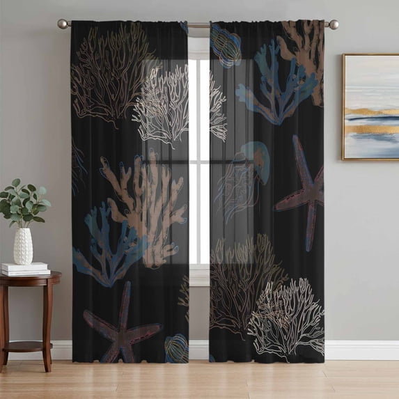 Black Coral Coastal Sheer Curtains 72 Inch Length 2 Panels Set, Nautical Starfish Summer Beach Voile Window Treatment Rod Pocket Curtains Sheers Drapes for Bedroom/Living Room/Kitchen 52"x72"x2