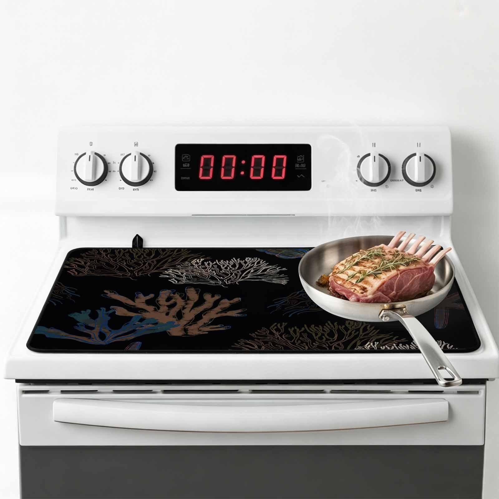Black Coral Coastal Stove Top Cover for Electric Stove, Heat-proof & Non Slip Glass Top Stove Cover Protector, Nautical Starfish Summer Beach Kitchen Flat Cooktop Rubber Mat 31x24 Inches