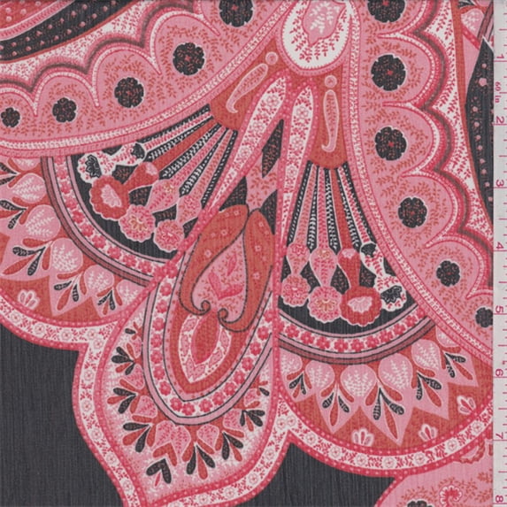 Black/Coral Pink Medallion Print Crinkled Chiffon, Fabric Sold By the Yard