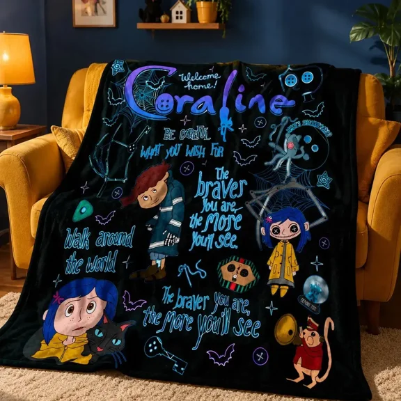 Black Coraline Themed Flannel Fleece Throw Blanket - Button Eyes, Bat, Spider Web Gothic Cartoon Print - Soft Warm Cozy for Sofa Bed - Dark Fantasy Anime Fans Gift, Halloween Home Decor