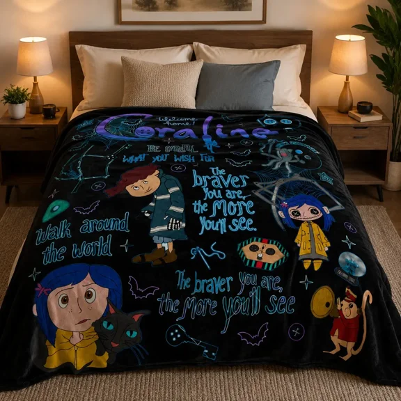 Black Coraline Themed Flannel Fleece Throw Blanket, Button Eyes Coraline Bat Spider Web Gothic Cartoon Print, Soft Warm Cozy Blanket for Sofa Bed Couch, Halloween Party Home
