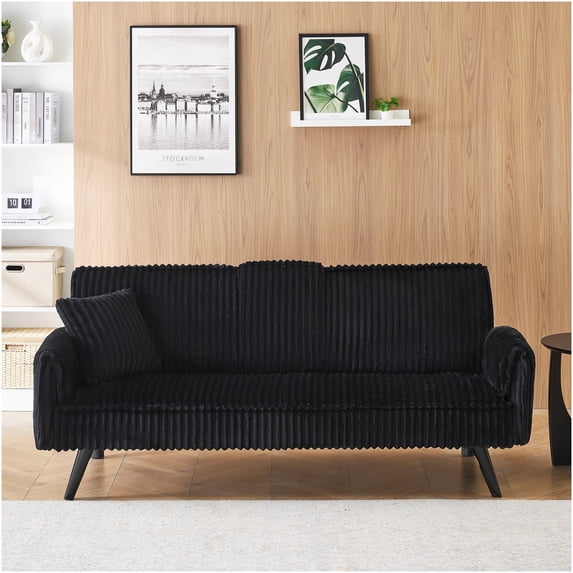 Black Corduroy 3-Seater Sofa Bed, Convertible Backrest with Cup Holders, Modern Minimalist Design for Living Room and Bedroom