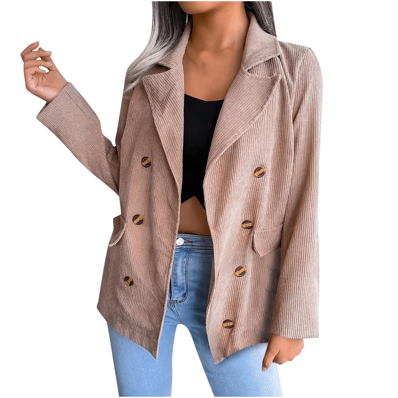 Black Corduroy Jacket Women Fitted Casual Plain Color Lapel Fall Coats ...