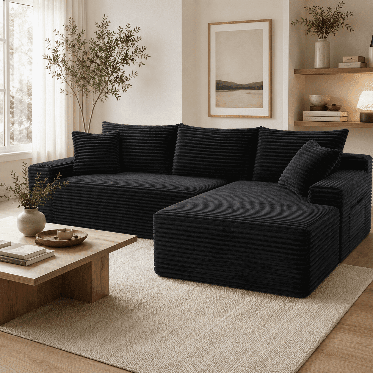 Deep Throw Toy Black Corduroy L-Shaped Sectional Sofa in a Box, 4-Seat Compressed ...