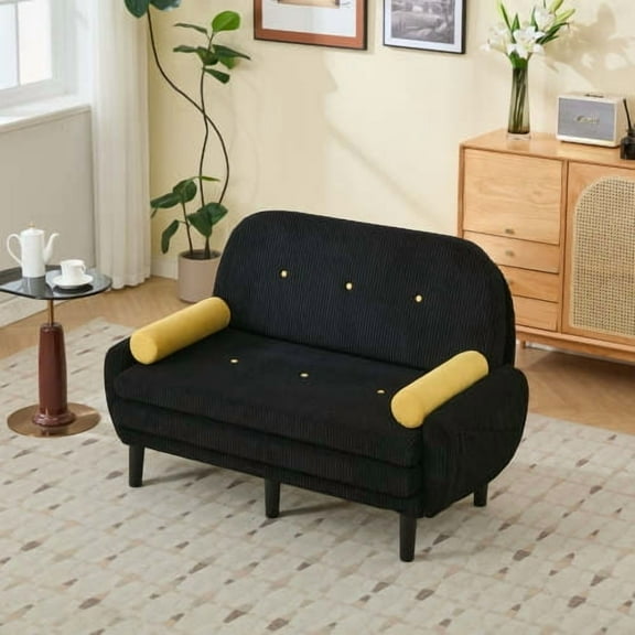 Black Corduroy Love Seat Sofa Bed Recliner with USB Charger, Storage Pocket for Living Room Daybed Relaxation