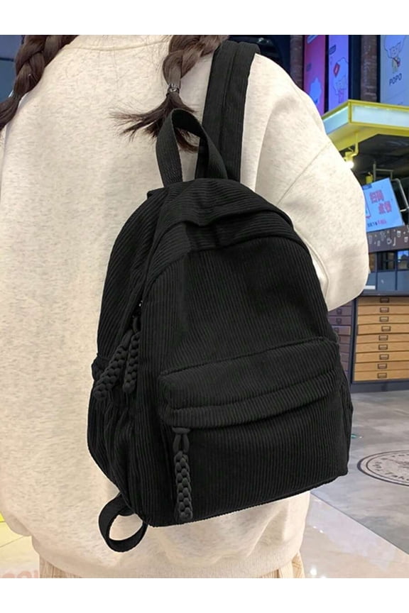 Black Corduroy Mini Backpack With Braided Drawstring Closure
