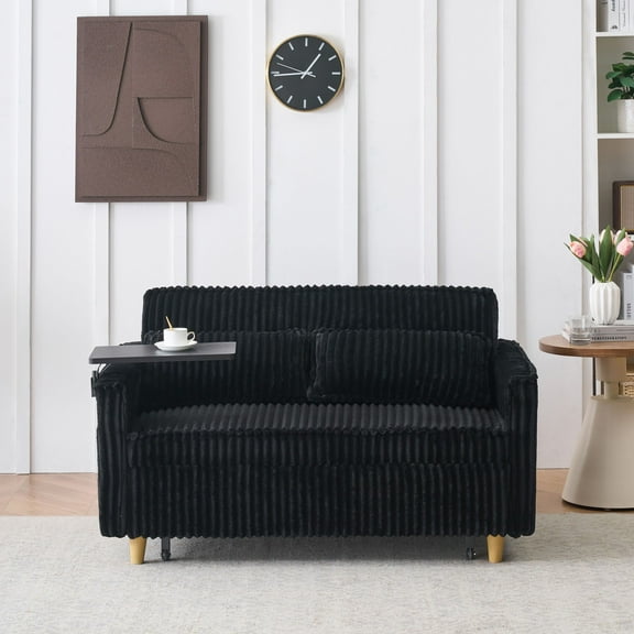 Black Corduroy Pull-Out Sofa with Movable Tabletop & USB Ports, Dual Function for Living Room & Bedroom