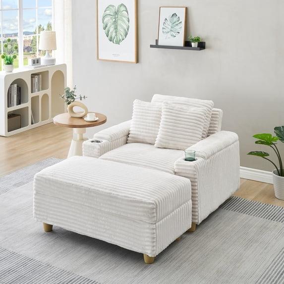 Black Corduroy Single Sofa with One Pillow, Two Throw Pillows, a Footstool and Two Storage Spaces (White)