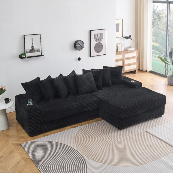 Black Corduroy Sofa - L-Shaped! Solid Wood Frame! High-Density Sponge Cushions!