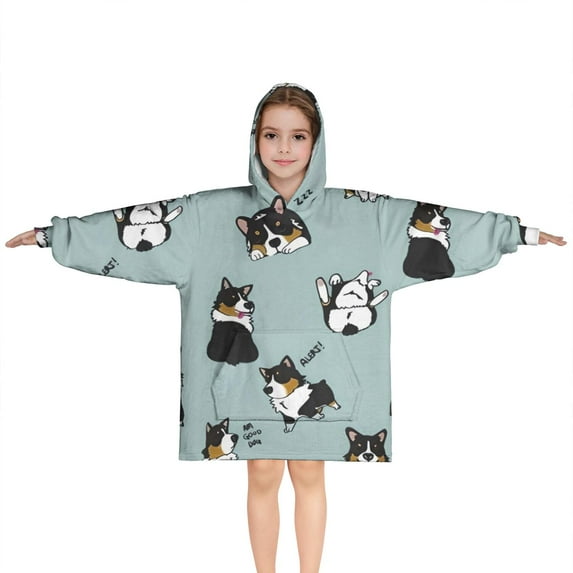 Black Corgi Blanket Hoodies for Kids 6-13YR Oversize Wearable Blanket Hoodies for Boys Girls Teens