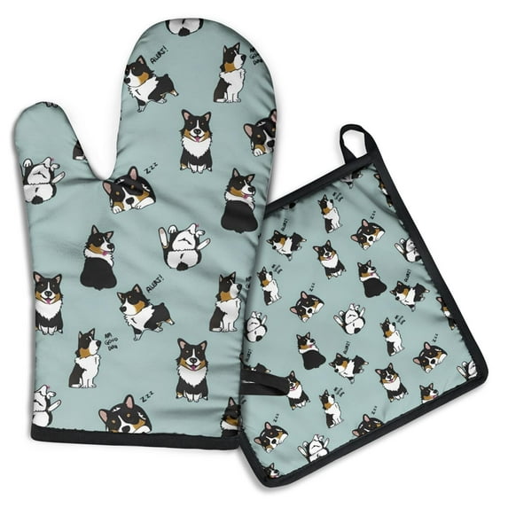 Black Corgi Kitchen Oven Mitt and Pot Holder Sets 2 Pcs for Baking, Cooking and Grilling, Heat Resistant Up To 392 °F