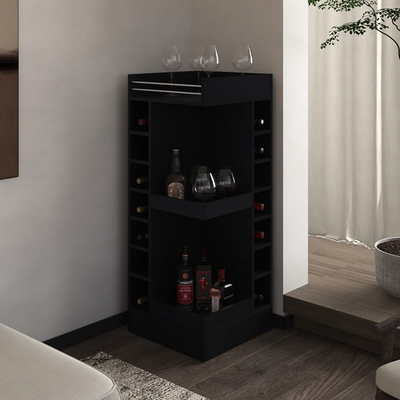 Black Corner Bar Cabinet, Spacious Compartments / Create Sophisticated Home Bar