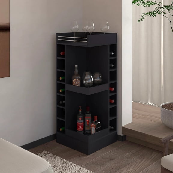 Black Corner Bar Cabinet With Wine Rack And Open Shelf - Living Space Aura Space For Area