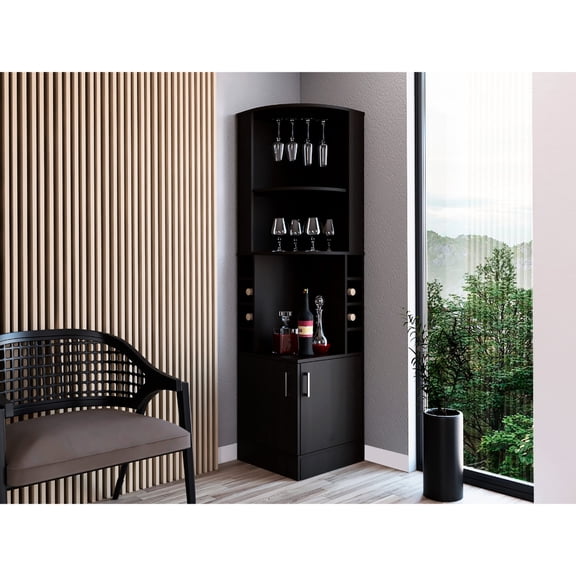 Black Corner Bar Cabinet with 8 Cubbies and Lower Drawer | Keep Your Bar Items Organized
