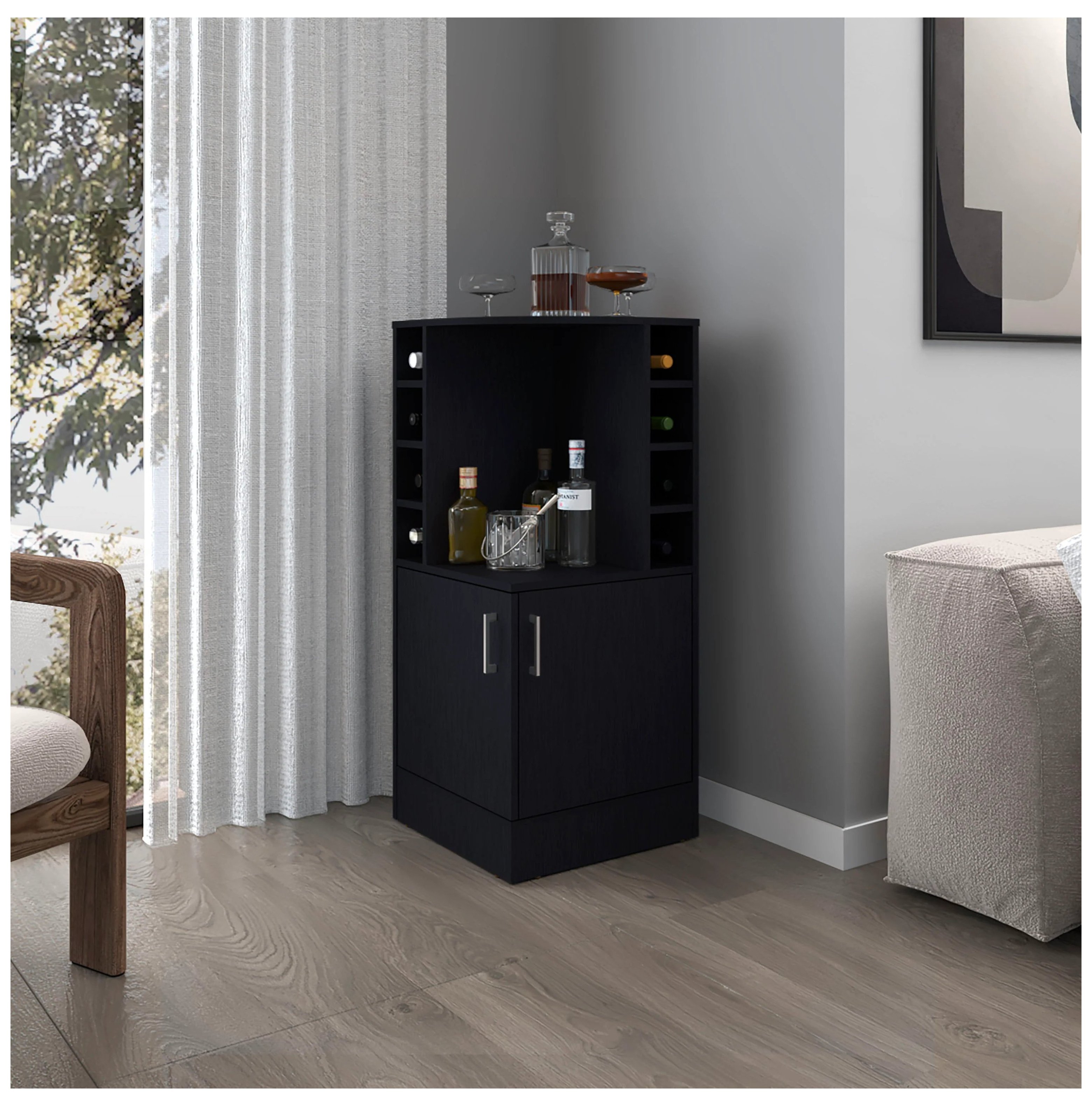 Black Corner Bar Cabinet with Bottle Rack - Modern Home Bar Storage - 3 ...