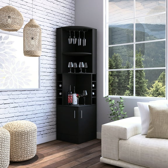 Black Corner Bar Storage Cabinet, 8 Wine Bottle , Double Door With 12 Glass Slots, 2 Open Shelves For And Display 8 Rack, Capacity, Air Fryer