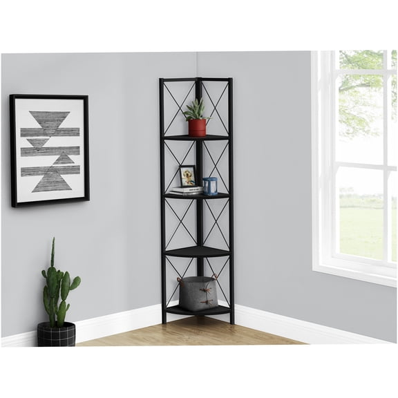 Black Corner Bookshelf with X-Design Metal Frame, 4-Tier Storage Shelf for Living Room, Office, Bedroom