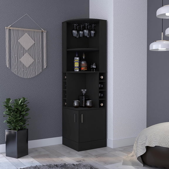 Black Corner Bar Cabinet - Wine & Glass Storage Space - Entertaining at Home - TSCA Compliant