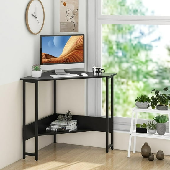 Black Corner Desk, Computer Table with Power Outlet, Storage Shelves & Metal Frame, Wood Writing Table for Bedroom, Small Corner Desks for Small Spaces