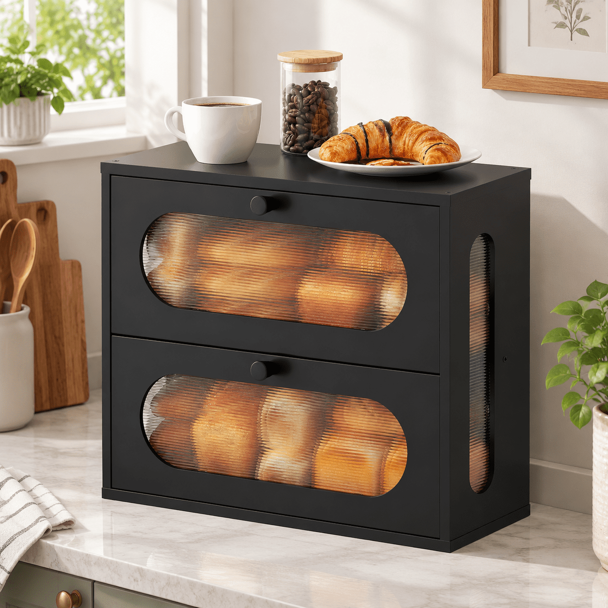 Black Corner Double Layer Bread Box For Kitchen Countertop Storage ...