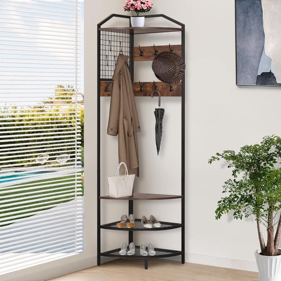 Black Corner Hall Tree with 14 Hooks, Wood & Metal Entryway Organizer