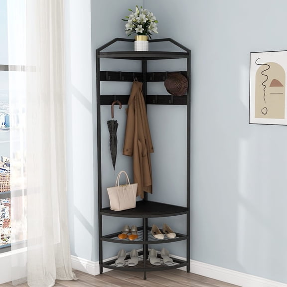 Black Corner Hall Tree with Shoe Shelf, 10 Hooks & Top Display