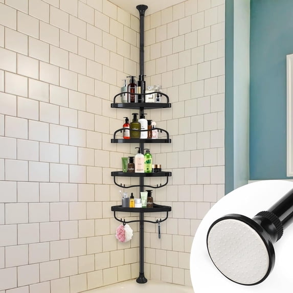 Shower Caddy Corner, No Drilling Rustproof Bathtub Shower Storage Organizer for Bathroom,4-Tier Adjustable Shelves with Tension Pole, Black