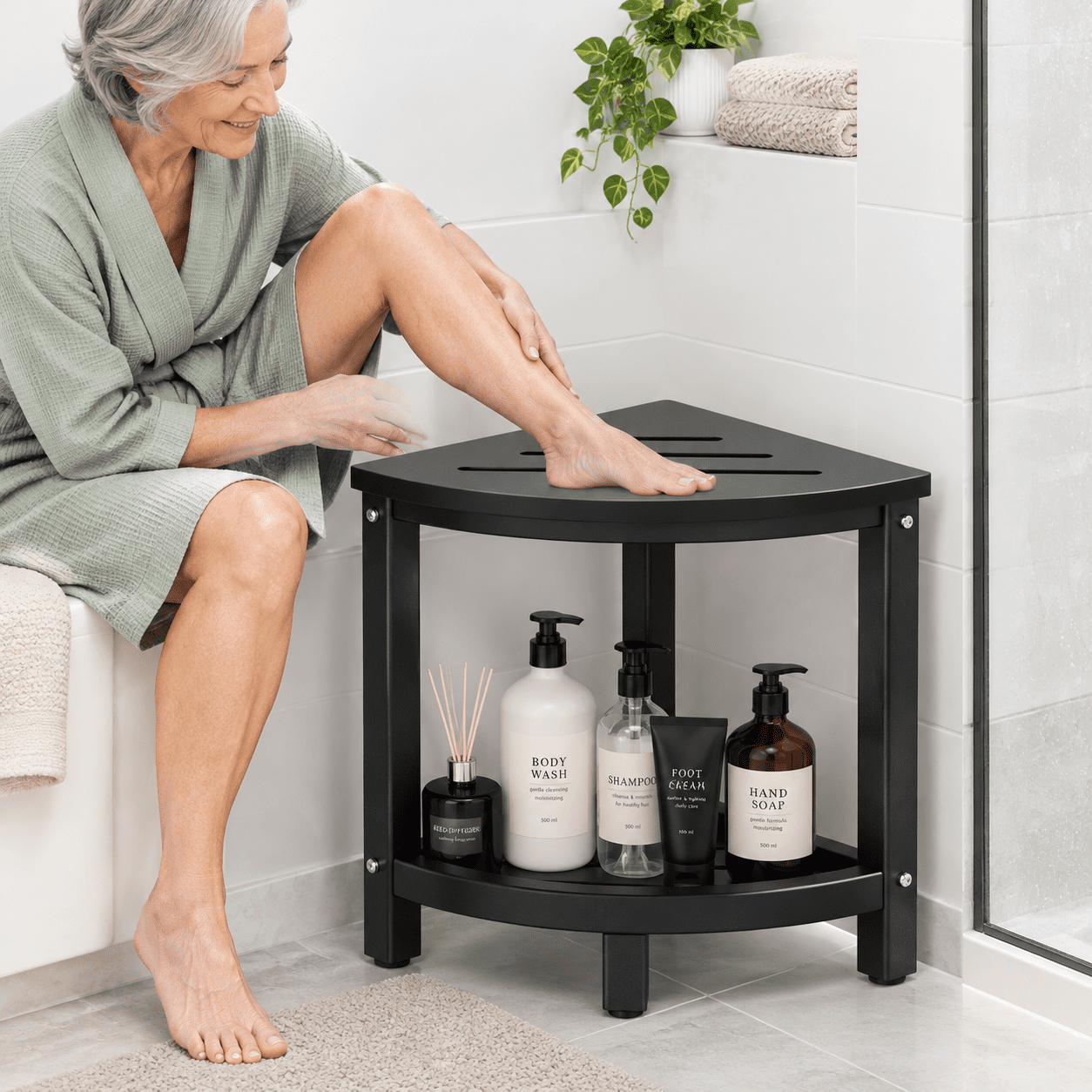 Outside Stool Black Corner Shower Stool Bench with Double-Layer Storage for Indoor ...