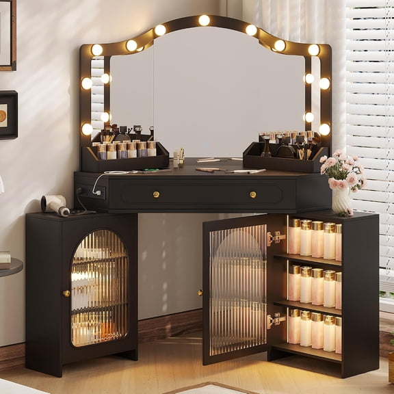 Wozkli Corner Makeup Vanity with 3 Way Mirror, Dimmable Lights, Charging Station, 1 Large Drawer and 2 Flexible Side Cabinets, Black