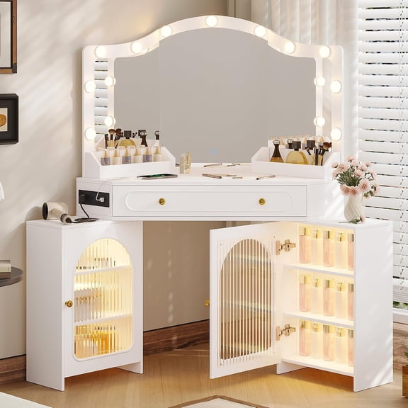 Wozkli 54.5-Inch Corner Makeup Vanity with 3 Way Mirror, Dimmable Lights, Charging Station, 1 Large Drawer and 2 Flexible Side Cabinets, White