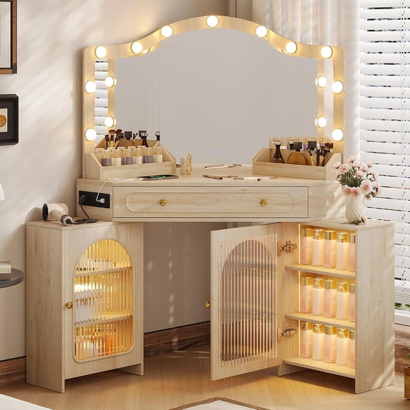 Wozkli Corner Makeup Vanity with 3 Way Mirror, Dimmable Lights, Charging Station, 1 Large Drawer and 2 Flexible Side Cabinets, Oak