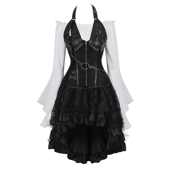 Black Corset Dress Skirt 3 Pieces Set Women Steampunk Gothic Punk Bustier Pirate Costume Plus Size 3XL
