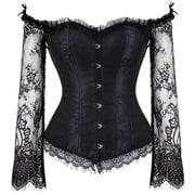 Black Corset Top with Sleeves Bustier Plus Size Lace Floral Lingerie for Women Renaissance Costumes Medieval XL
