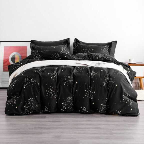Black Cosmic Bedding Set – Microfiber Fabric With Starry Constellation Design