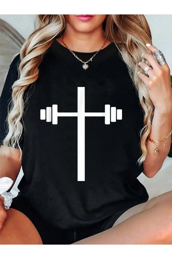 Black Cotton Barbell Cross Graphic Gym Workout T-Shirt For Women