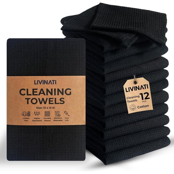 Black Cotton Cleaning Rags For Housekeeping - Trapos Paños De Limpieza Reutilizables - Kitchen Bar Shop Towel Dish Mop Wash Cloth For House Dust - Reusable Washable Absorbent - 13"x13" 12 Pack