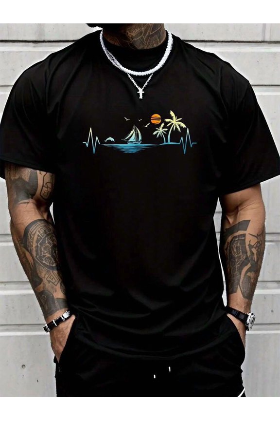 Black Cotton Graphic T-Shirt With Heartbeat Sailboat Tropical Palm Tree Beach Design