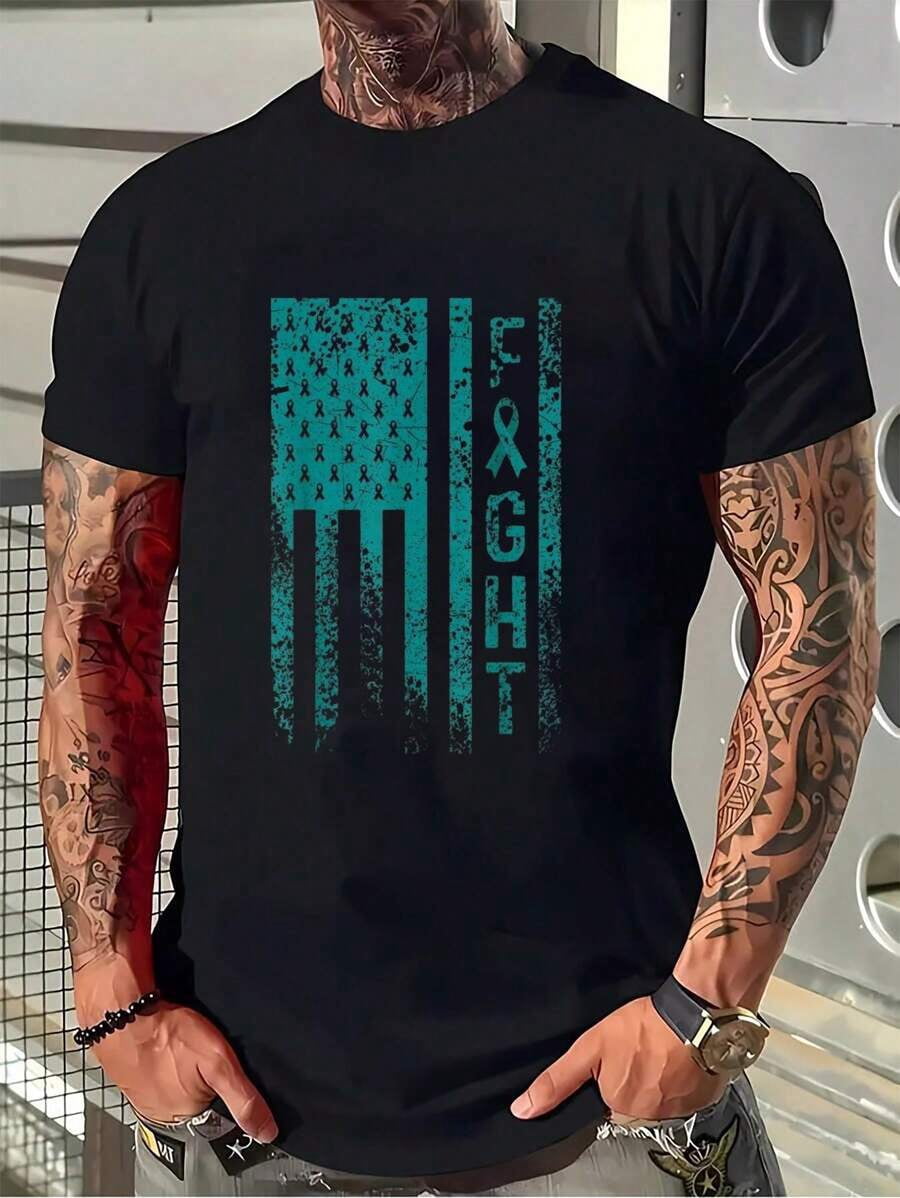 Black Cotton Graphic Tee With Teal Awareness Ribbon Flag Design Crew ...