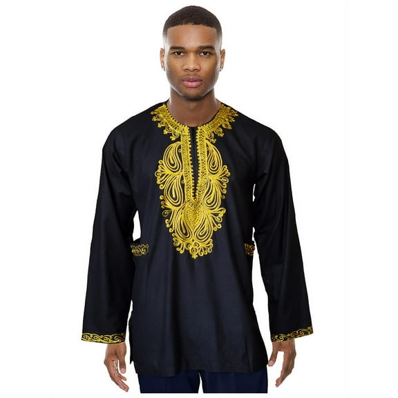 Black Cotton Long Sleeve African Dashiki Shirt with Gold Embroidery