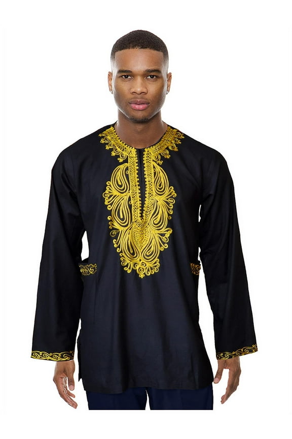 Black Cotton Long Sleeve African Dashiki Shirt with Gold Embroidery