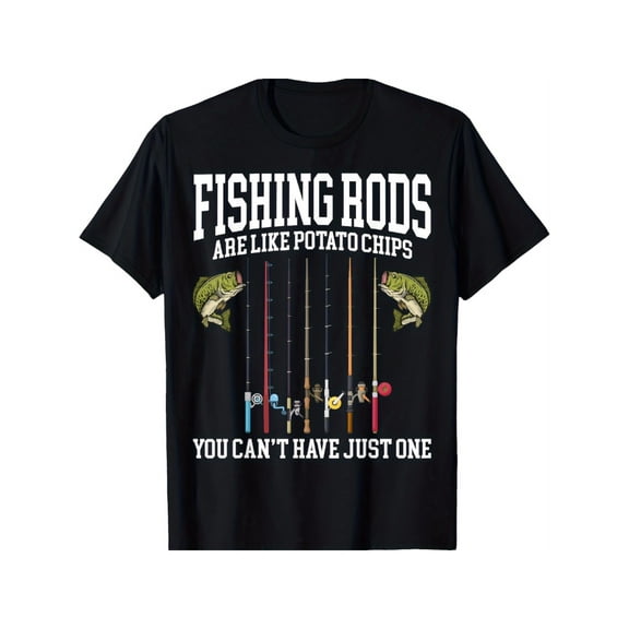 Black Cotton Men's T-Shirt | Breathable, Casual, Short Sleeve, All-Season Wear, 220g, "Fishing Rods Are Like Potato Chips" Graphic Design, Family & Fishing Enthusiast Gift, Fishing Shirt