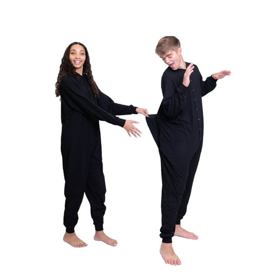 Black Cotton Onesie with Drop Seat Footless Union Suit Pajama for Men and Women