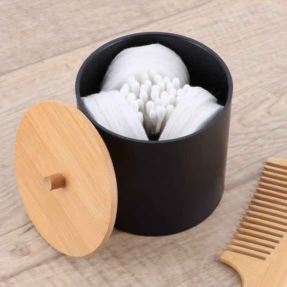 Black Cotton Pad and Q-Tip Holder Padang with Bamboo Top - Organize in Style, Bathroom Vanity Organizer