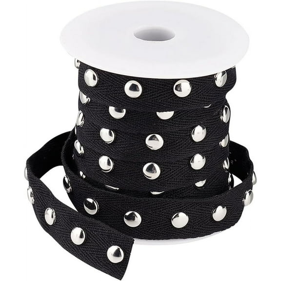 Black Cotton Ribbon with Studs 10 Yards Necklace Cord 3/4 inch(20mm) Cords Strip Lace Rope Cotton Trim Beading String Cord with Silver Punk Rivet for Jewelry Necklace Bracelet Making DIY