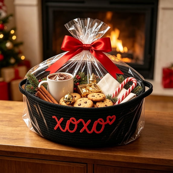 Medical Service Ribbon Black Cotton Rope Woven Gift Basket with Red Embroidery Storage Basket ...