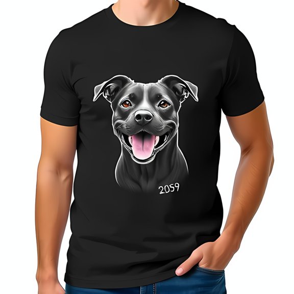 Black Cotton Short Sleeve T-Shirt with Grayscale Staffordshire Terrier Illustration and '2059' Detail