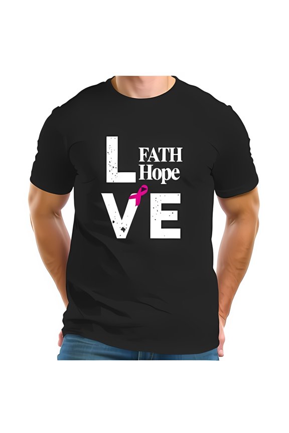 Black Cotton Short Sleeve T-Shirt with 'LOVE' Graphic & 'FAITH HOPE' in 'O' + Pink Ribbon